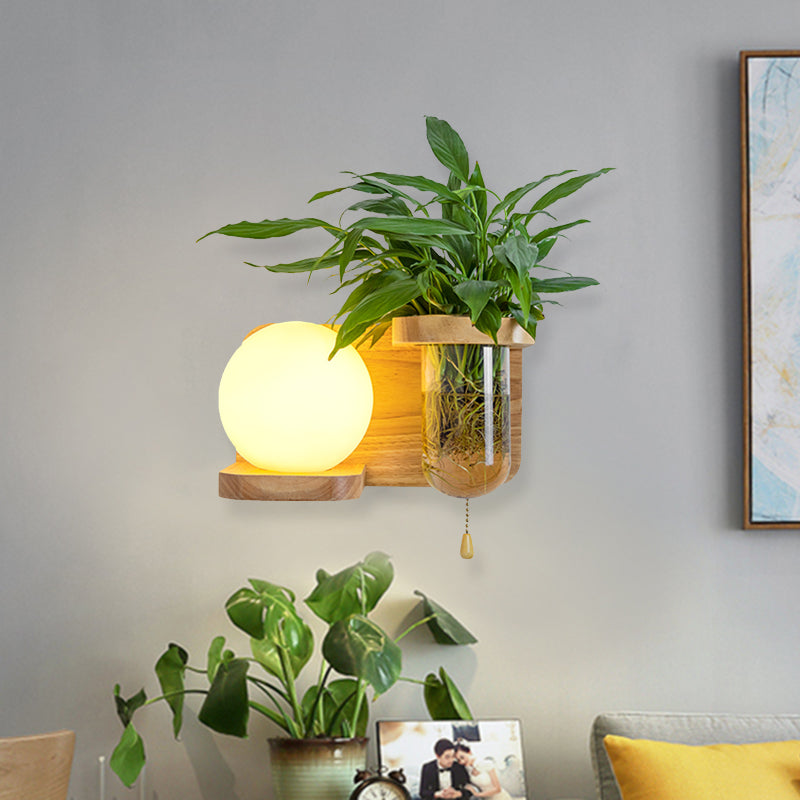 Avtoit | Wood Globe/Cylinder Wall Sconce Nordic Cream Glass 1 Light Bedroom Wall Lamp with Plant Pot and Pull Chain