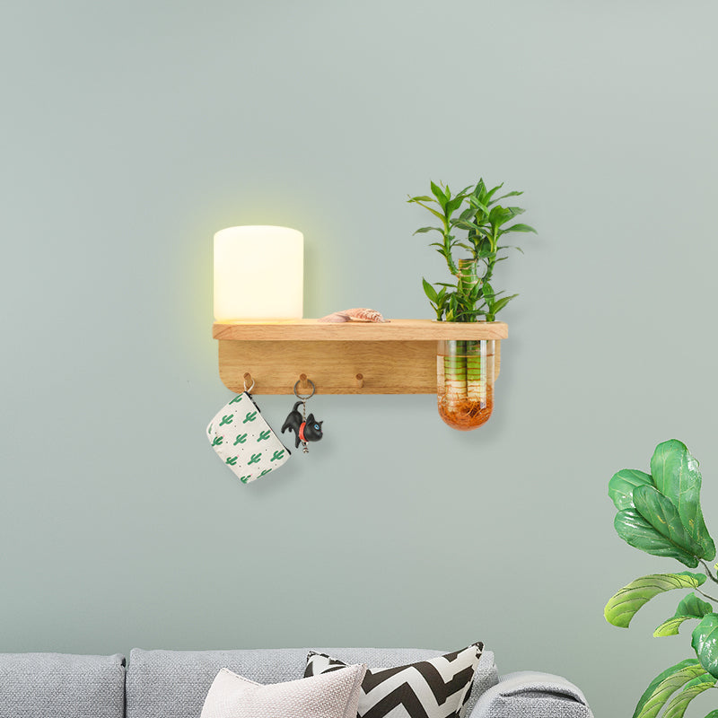 Avtoit | Frosted Glass Wood Wall Light Cylindrical 1-Bulb Industrial Wall Sconce Lamp with Plant Container