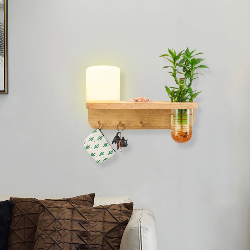 Avtoit | Frosted Glass Wood Wall Light Cylindrical 1-Bulb Industrial Wall Sconce Lamp with Plant Container