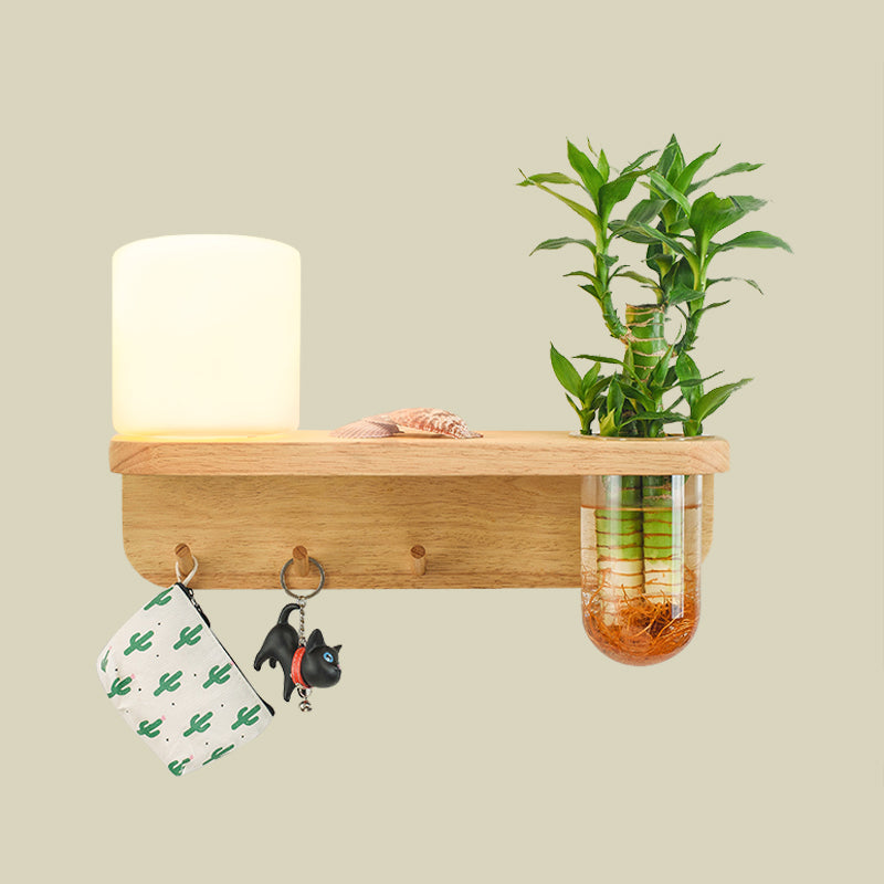Avtoit | Frosted Glass Wood Wall Light Cylindrical 1-Bulb Industrial Wall Sconce Lamp with Plant Container