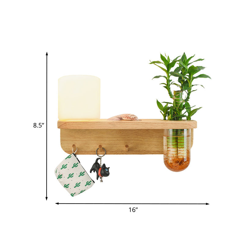 Avtoit | Frosted Glass Wood Wall Light Cylindrical 1-Bulb Industrial Wall Sconce Lamp with Plant Container