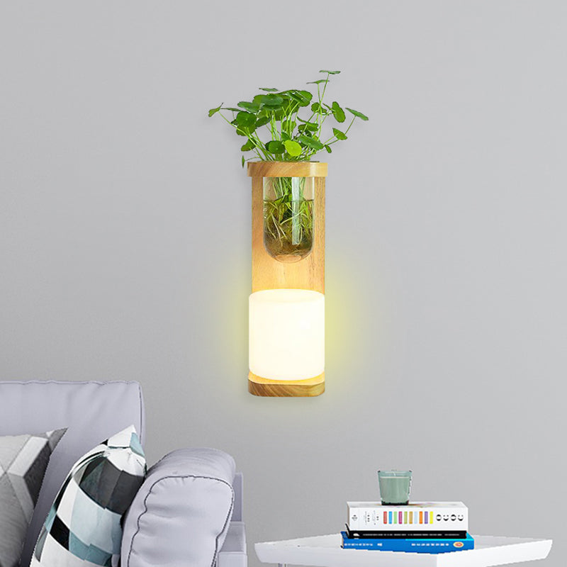 Avtoit | Nordic Cylinder Wall Lamp 1-Head Opal Glass Wall Lighting in Wood with Clear Glass Plant Cup