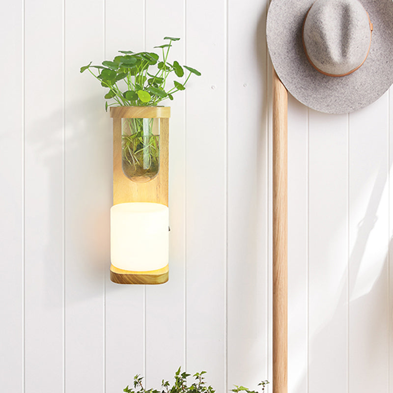 Avtoit | Nordic Cylinder Wall Lamp 1-Head Opal Glass Wall Lighting in Wood with Clear Glass Plant Cup