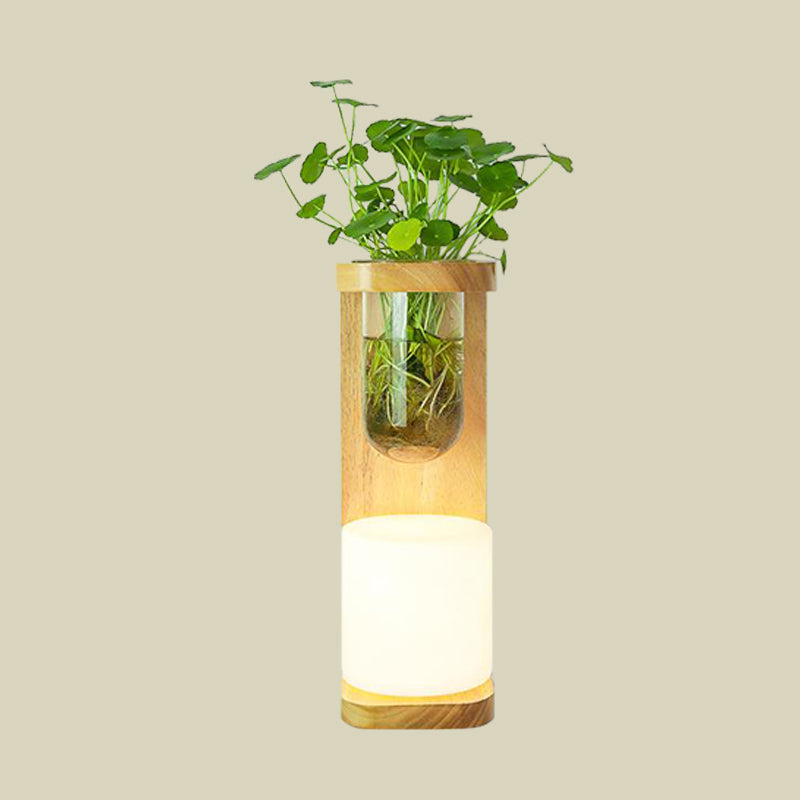 Avtoit | Nordic Cylinder Wall Lamp 1-Head Opal Glass Wall Lighting in Wood with Clear Glass Plant Cup