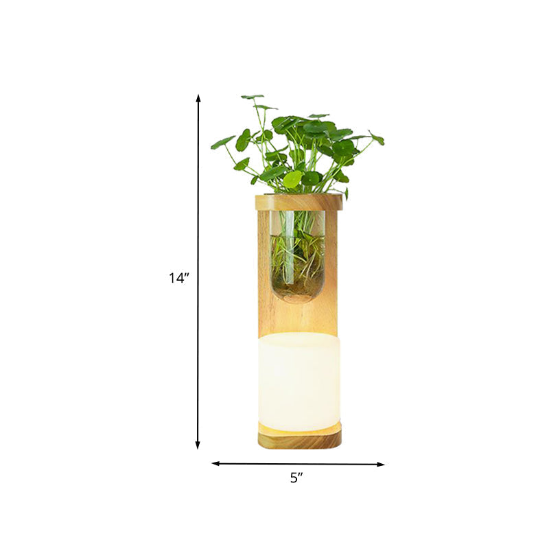Avtoit | Nordic Cylinder Wall Lamp 1-Head Opal Glass Wall Lighting in Wood with Clear Glass Plant Cup