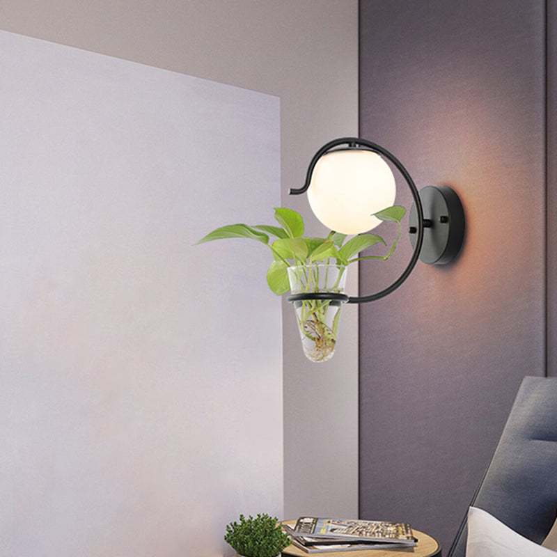 Avtoit | Cream/Smoke Gray Glass Orb Wall Lamp Vintage 1-Light Bedroom Wall Lamp in Black/Gold with C-Shaped Arm and Plant Pot