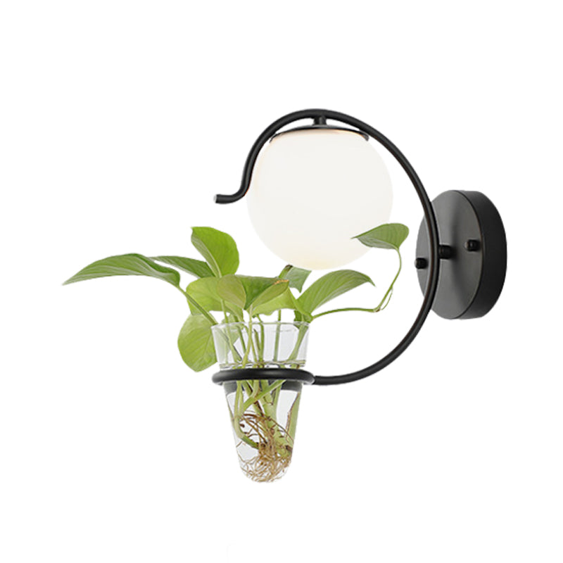 Avtoit | Cream/Smoke Gray Glass Orb Wall Lamp Vintage 1-Light Bedroom Wall Lamp in Black/Gold with C-Shaped Arm and Plant Pot