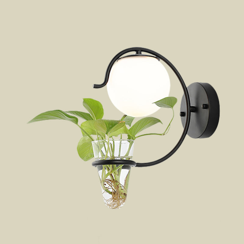 Avtoit | Cream/Smoke Gray Glass Orb Wall Lamp Vintage 1-Light Bedroom Wall Lamp in Black/Gold with C-Shaped Arm and Plant Pot