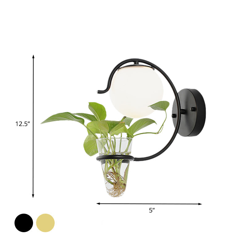 Avtoit | Cream/Smoke Gray Glass Orb Wall Lamp Vintage 1-Light Bedroom Wall Lamp in Black/Gold with C-Shaped Arm and Plant Pot