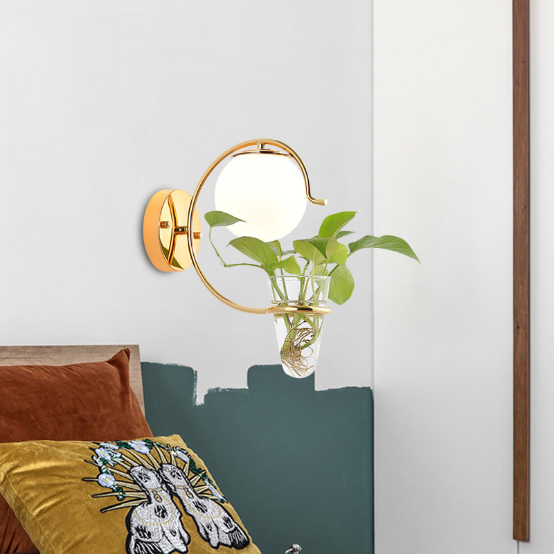 Avtoit | Cream/Smoke Gray Glass Orb Wall Lamp Vintage 1-Light Bedroom Wall Lamp in Black/Gold with C-Shaped Arm and Plant Pot