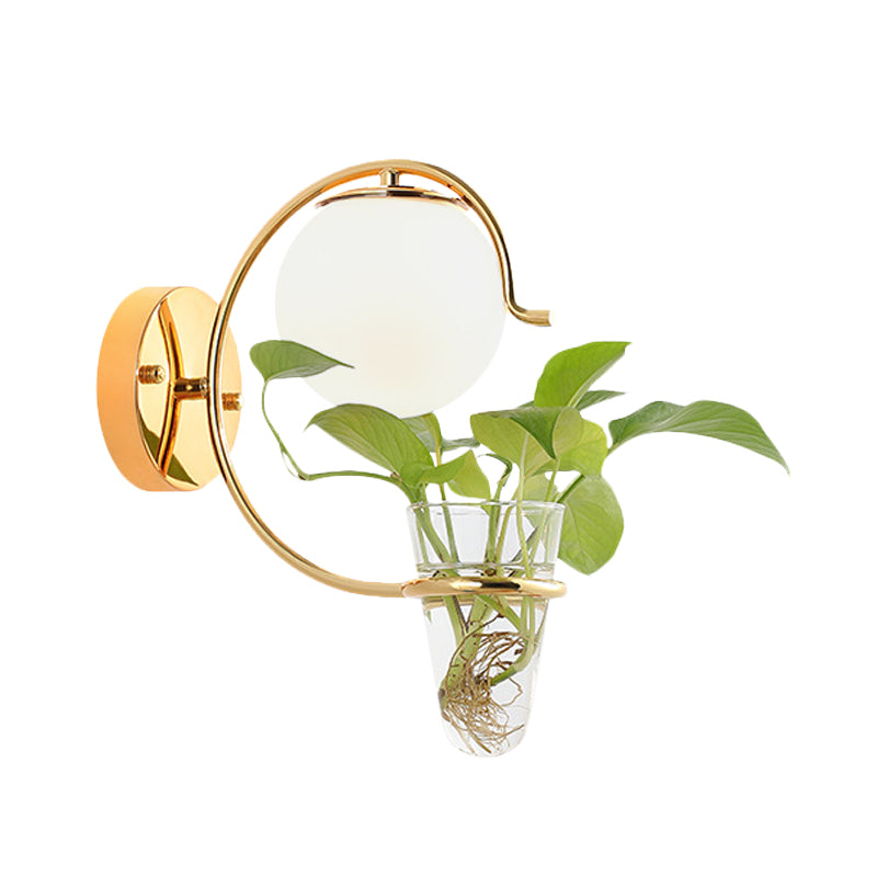 Avtoit | Cream/Smoke Gray Glass Orb Wall Lamp Vintage 1-Light Bedroom Wall Lamp in Black/Gold with C-Shaped Arm and Plant Pot