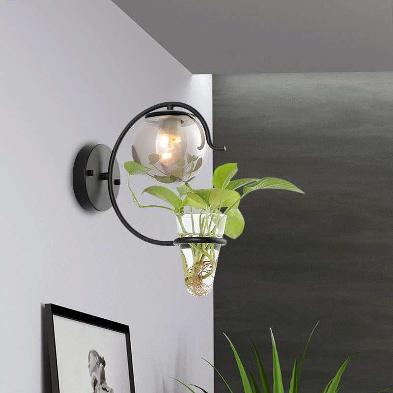 Avtoit | Cream/Smoke Gray Glass Orb Wall Lamp Vintage 1-Light Bedroom Wall Lamp in Black/Gold with C-Shaped Arm and Plant Pot