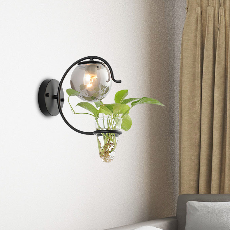 Avtoit | Cream/Smoke Gray Glass Orb Wall Lamp Vintage 1-Light Bedroom Wall Lamp in Black/Gold with C-Shaped Arm and Plant Pot
