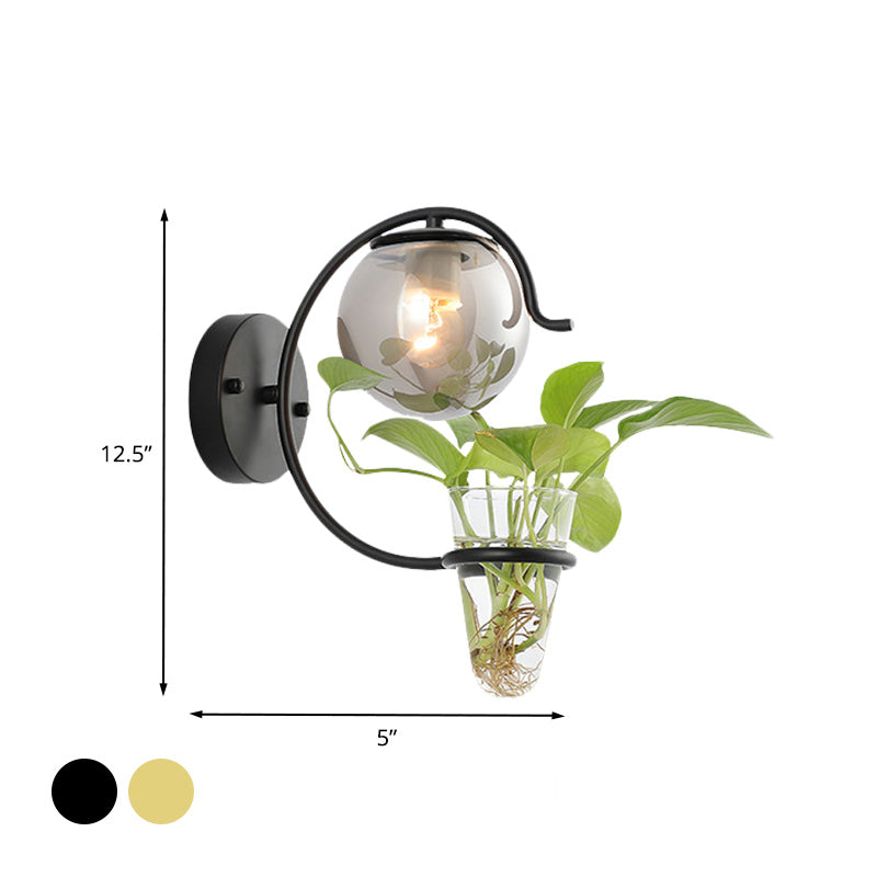 Avtoit | Cream/Smoke Gray Glass Orb Wall Lamp Vintage 1-Light Bedroom Wall Lamp in Black/Gold with C-Shaped Arm and Plant Pot