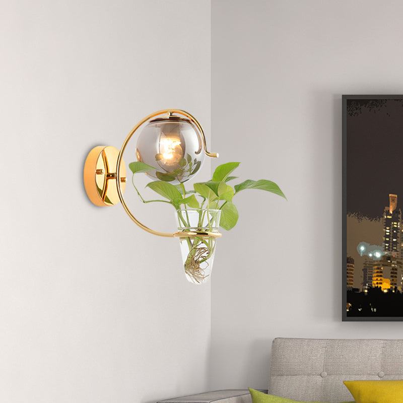 Avtoit | Cream/Smoke Gray Glass Orb Wall Lamp Vintage 1-Light Bedroom Wall Lamp in Black/Gold with C-Shaped Arm and Plant Pot