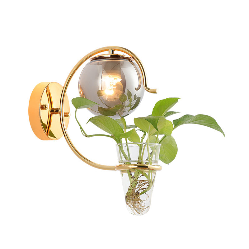 Avtoit | Cream/Smoke Gray Glass Orb Wall Lamp Vintage 1-Light Bedroom Wall Lamp in Black/Gold with C-Shaped Arm and Plant Pot