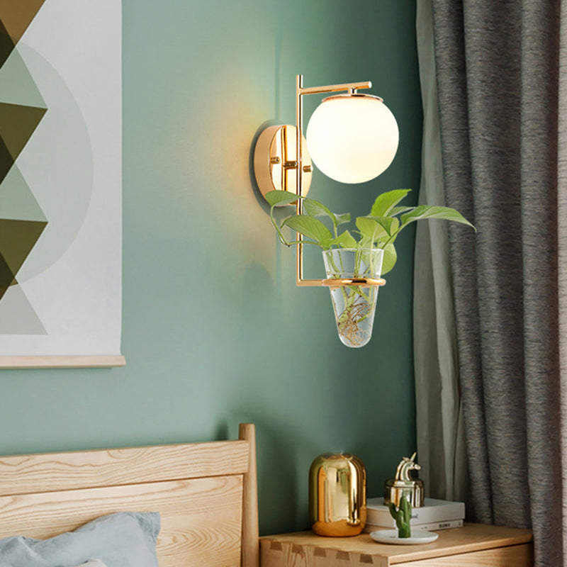 Avtoit | Gold/Black Globe Wall Light Antique Cream/Smoke Grey Glass 1-Head Bedroom Wall Lamp with Clear Glass Plant Cup