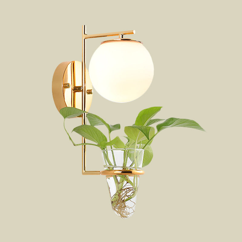 Avtoit | Gold/Black Globe Wall Light Antique Cream/Smoke Grey Glass 1-Head Bedroom Wall Lamp with Clear Glass Plant Cup