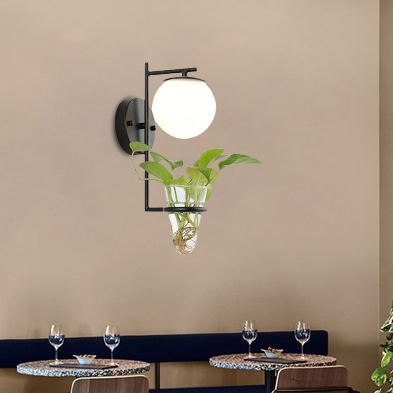 Avtoit | Gold/Black Globe Wall Light Antique Cream/Smoke Grey Glass 1-Head Bedroom Wall Lamp with Clear Glass Plant Cup