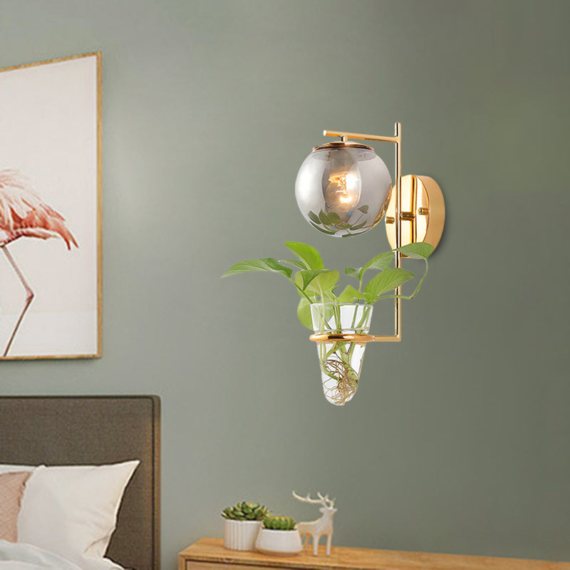 Avtoit | Gold/Black Globe Wall Light Antique Cream/Smoke Grey Glass 1-Head Bedroom Wall Lamp with Clear Glass Plant Cup