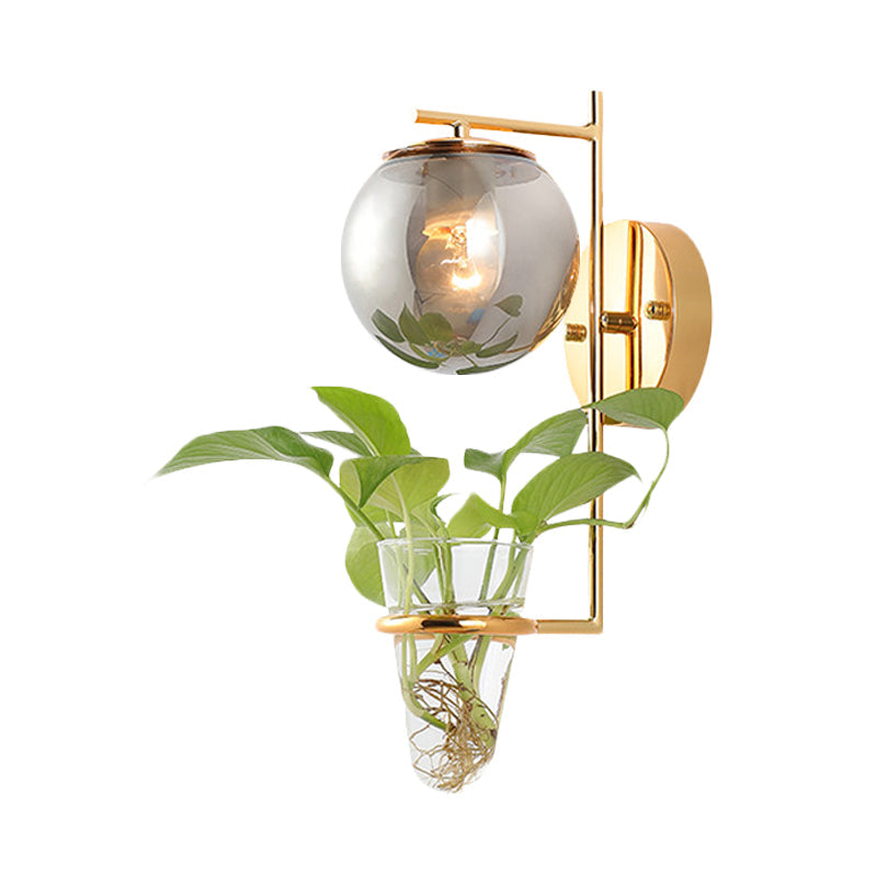 Avtoit | Gold/Black Globe Wall Light Antique Cream/Smoke Grey Glass 1-Head Bedroom Wall Lamp with Clear Glass Plant Cup