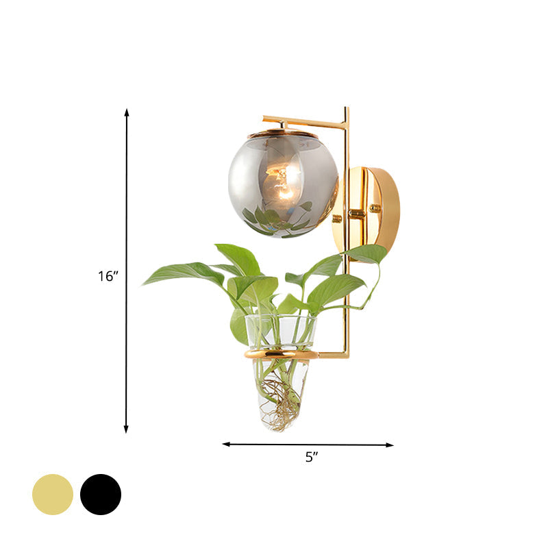 Avtoit | Gold/Black Globe Wall Light Antique Cream/Smoke Grey Glass 1-Head Bedroom Wall Lamp with Clear Glass Plant Cup