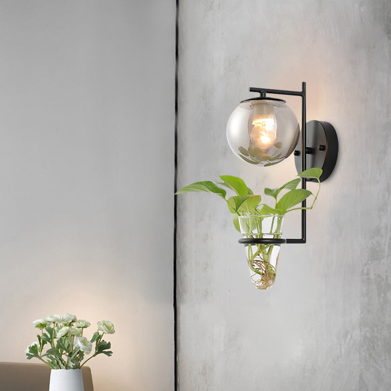 Avtoit | Gold/Black Globe Wall Light Antique Cream/Smoke Grey Glass 1-Head Bedroom Wall Lamp with Clear Glass Plant Cup