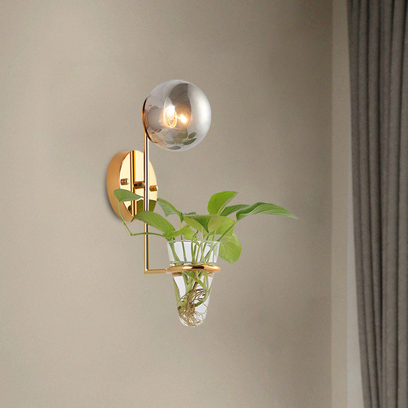 Avtoit | 1 Bulb Wall Lamp Industrial Global Cream/Smoke Grey Glass Wall Light in Black/Gold with Clear Glass Plant Cup