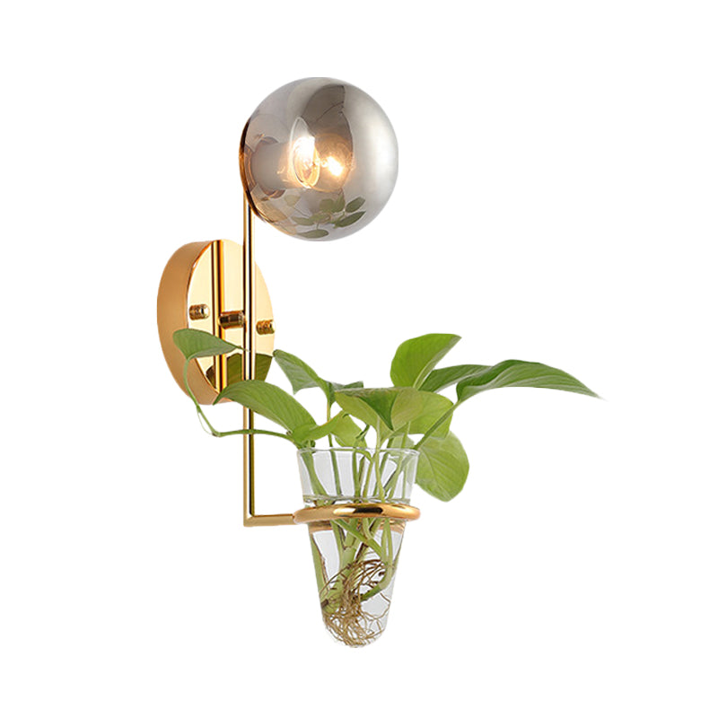 Avtoit | 1 Bulb Wall Lamp Industrial Global Cream/Smoke Grey Glass Wall Light in Black/Gold with Clear Glass Plant Cup