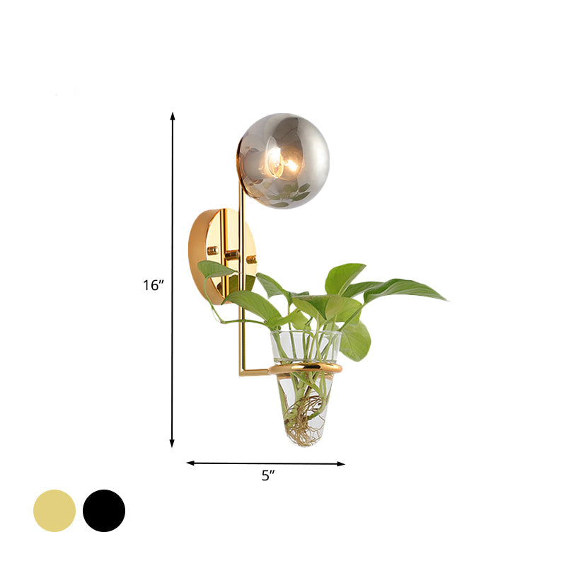 Avtoit | 1 Bulb Wall Lamp Industrial Global Cream/Smoke Grey Glass Wall Light in Black/Gold with Clear Glass Plant Cup