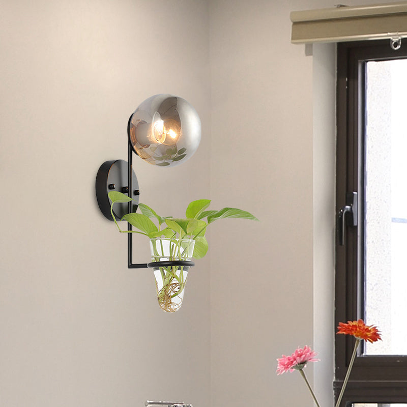 Avtoit | 1 Bulb Wall Lamp Industrial Global Cream/Smoke Grey Glass Wall Light in Black/Gold with Clear Glass Plant Cup