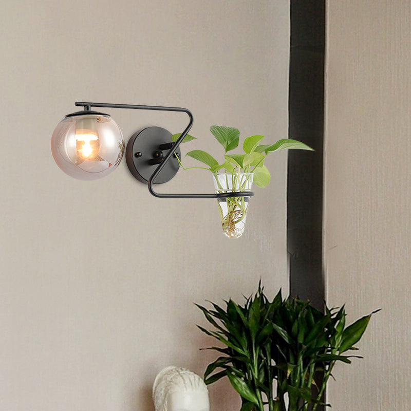 Avtoit | Global Bedroom Wall Light Industrial Cream/Smoke Grey Glass 1 Head Black/Gold Wall Lamp with Clear Glass Plant Holder