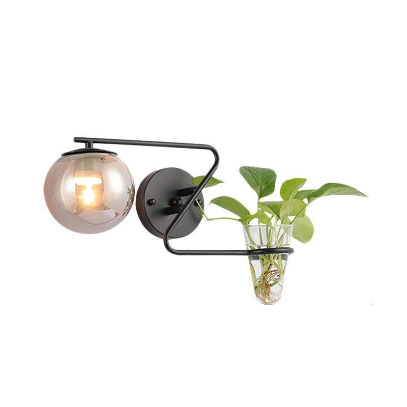Avtoit | Global Bedroom Wall Light Industrial Cream/Smoke Grey Glass 1 Head Black/Gold Wall Lamp with Clear Glass Plant Holder