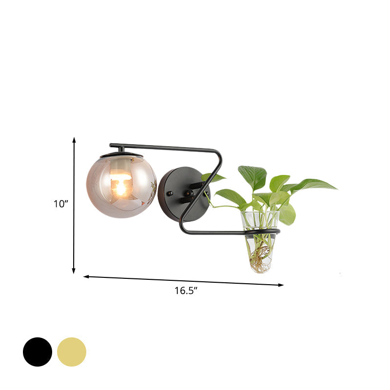 Avtoit | Global Bedroom Wall Light Industrial Cream/Smoke Grey Glass 1 Head Black/Gold Wall Lamp with Clear Glass Plant Holder