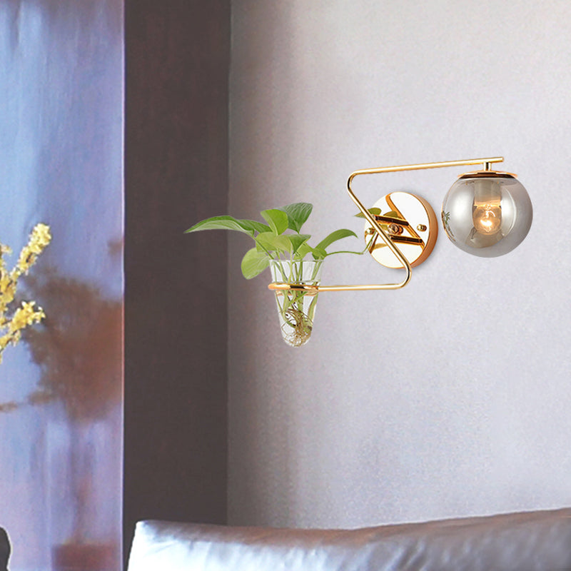 Avtoit | Global Bedroom Wall Light Industrial Cream/Smoke Grey Glass 1 Head Black/Gold Wall Lamp with Clear Glass Plant Holder