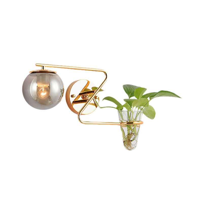 Avtoit | Global Bedroom Wall Light Industrial Cream/Smoke Grey Glass 1 Head Black/Gold Wall Lamp with Clear Glass Plant Holder
