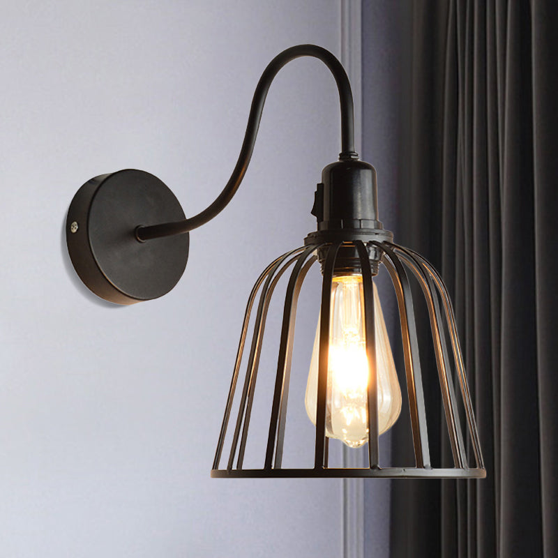Avtoit | Gooseneck Arm Metal Wall Light with Bell Cage Shade Retro 1 Light Dining Room Wall Lamp in Black