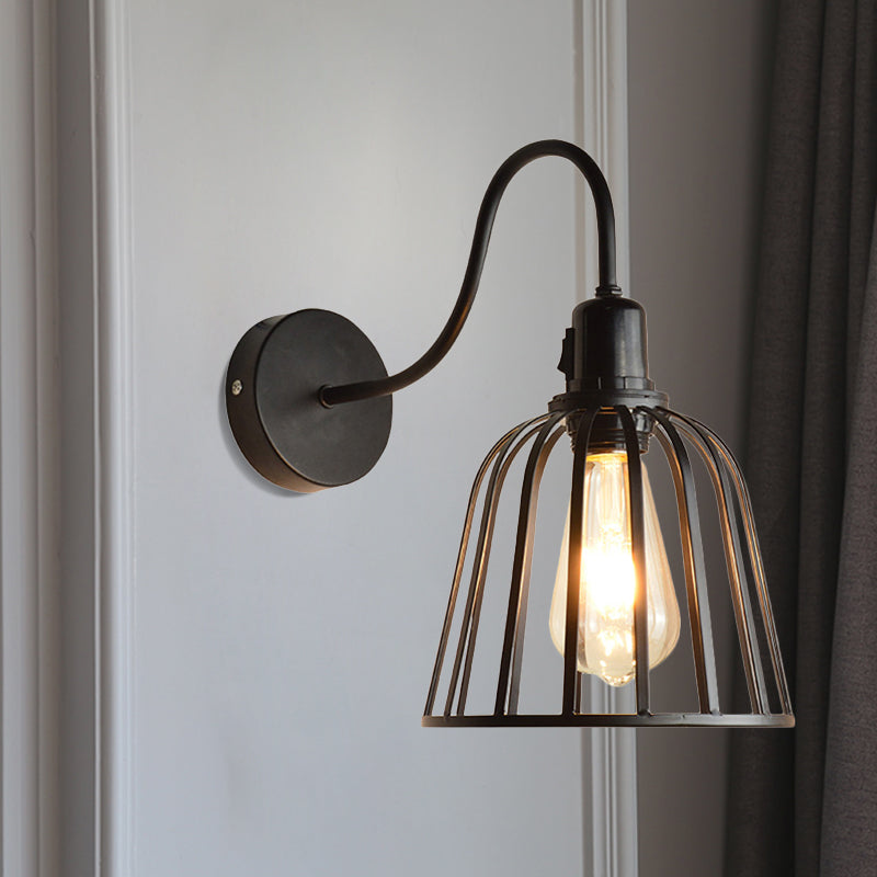 Avtoit | Gooseneck Arm Metal Wall Light with Bell Cage Shade Retro 1 Light Dining Room Wall Lamp in Black