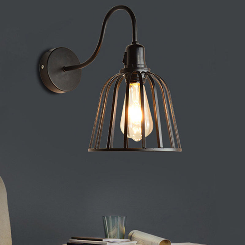 Avtoit | Gooseneck Arm Metal Wall Light with Bell Cage Shade Retro 1 Light Dining Room Wall Lamp in Black