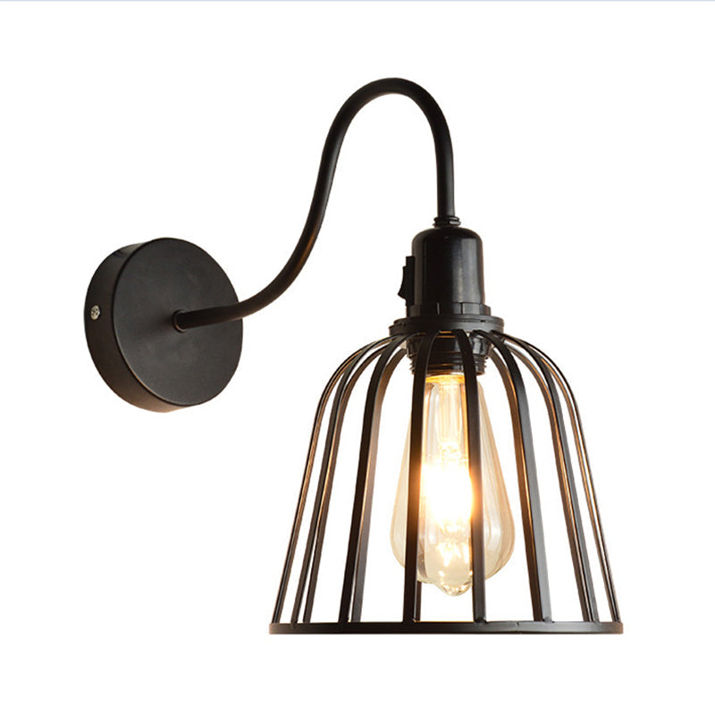 Avtoit | Gooseneck Arm Metal Wall Light with Bell Cage Shade Retro 1 Light Dining Room Wall Lamp in Black