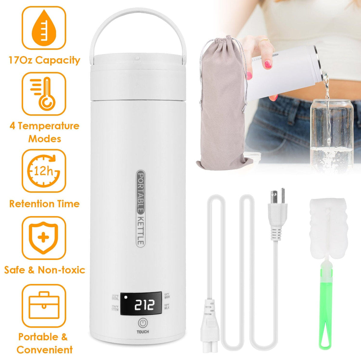 Avtoit | 17Oz Stainless Steel Travel Electric Kettle with 4 Temperature Presets