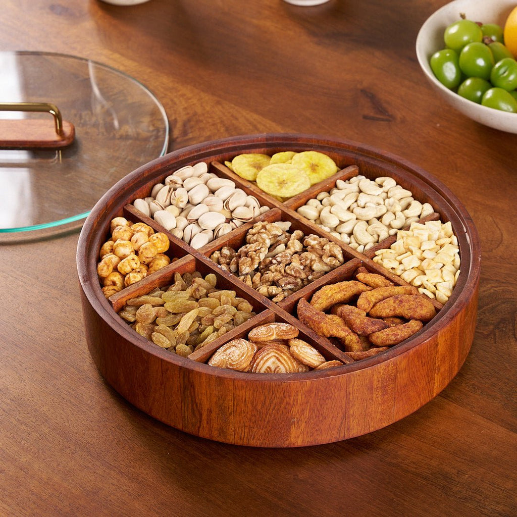 Avtoit | BambooSpin – 9-Compartment Serving Tray with Rotating Lid | Premium Bamboo Snack Platter