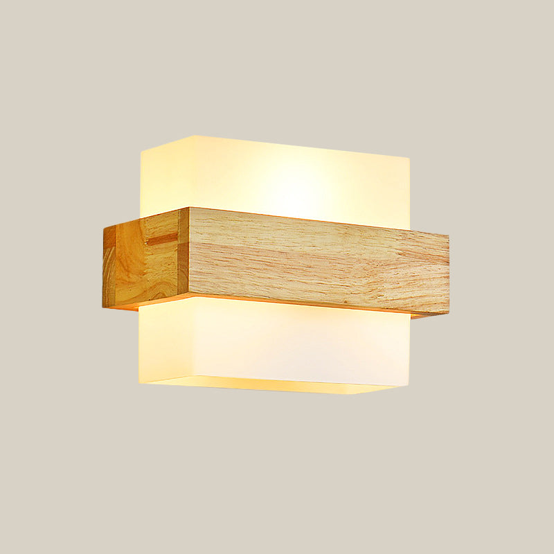 Avtoit | Cube Wall Mount Light Fixture Minimalism Opal Glass 1 Main Color Beige Surface Wall Lamp with Wooden Detail