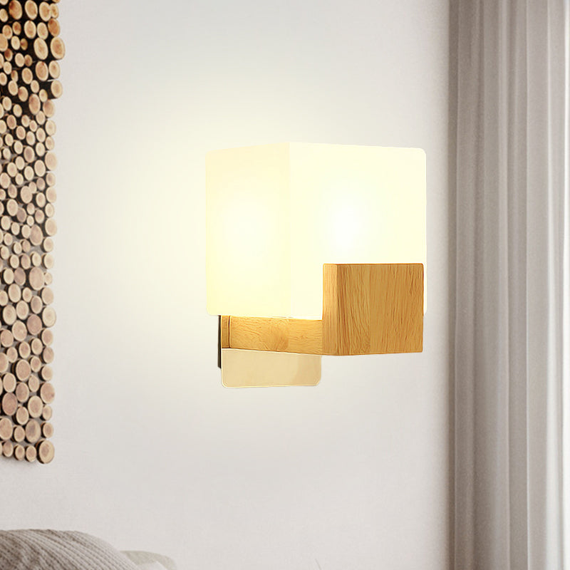 Avtoit | Cube Wall Mount Light Fixture Minimalism Opal Glass 1 Main Color Beige Surface Wall Lamp with Wooden Detail