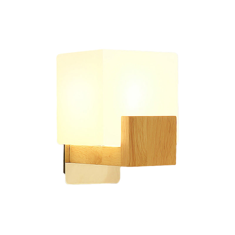 Avtoit | Cube Wall Mount Light Fixture Minimalism Opal Glass 1 Main Color Beige Surface Wall Lamp with Wooden Detail