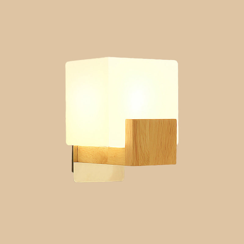 Avtoit | Cube Wall Mount Light Fixture Minimalism Opal Glass 1 Main Color Beige Surface Wall Lamp with Wooden Detail