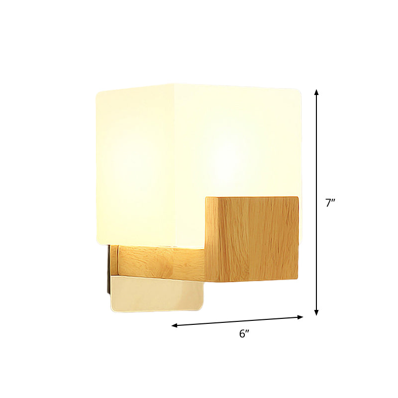 Avtoit | Cube Wall Mount Light Fixture Minimalism Opal Glass 1 Main Color Beige Surface Wall Lamp with Wooden Detail