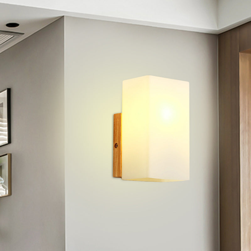 Avtoit | Cube Wall Mount Light Fixture Minimalism Opal Glass 1 Main Color Beige Surface Wall Lamp with Wooden Detail