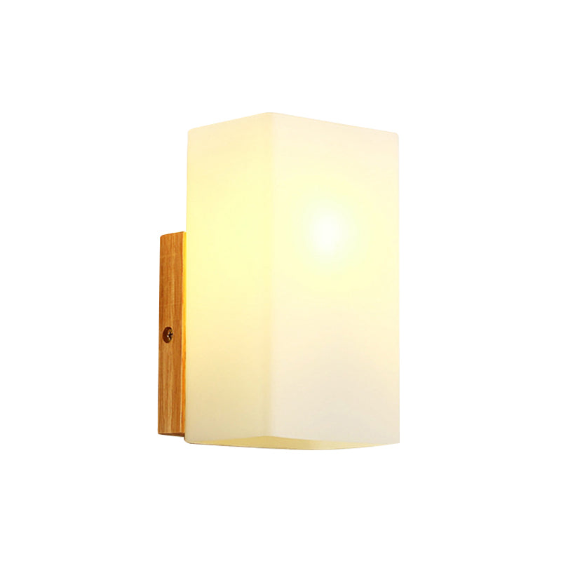Avtoit | Cube Wall Mount Light Fixture Minimalism Opal Glass 1 Main Color Beige Surface Wall Lamp with Wooden Detail