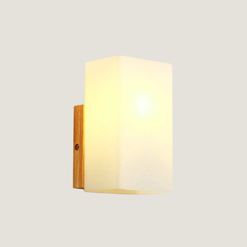 Avtoit | Cube Wall Mount Light Fixture Minimalism Opal Glass 1 Main Color Beige Surface Wall Lamp with Wooden Detail